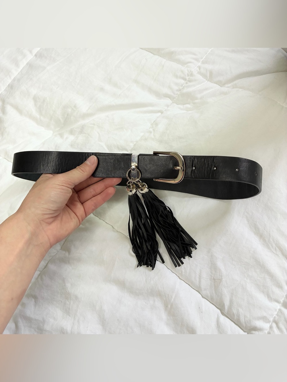 Black leather belt with tassel charms